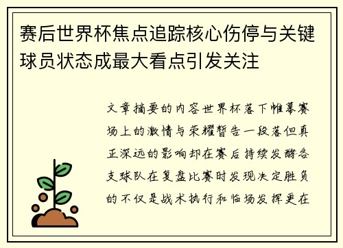 赛后世界杯焦点追踪核心伤停与关键球员状态成最大看点引发关注