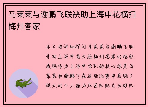 马莱莱与谢鹏飞联袂助上海申花横扫梅州客家